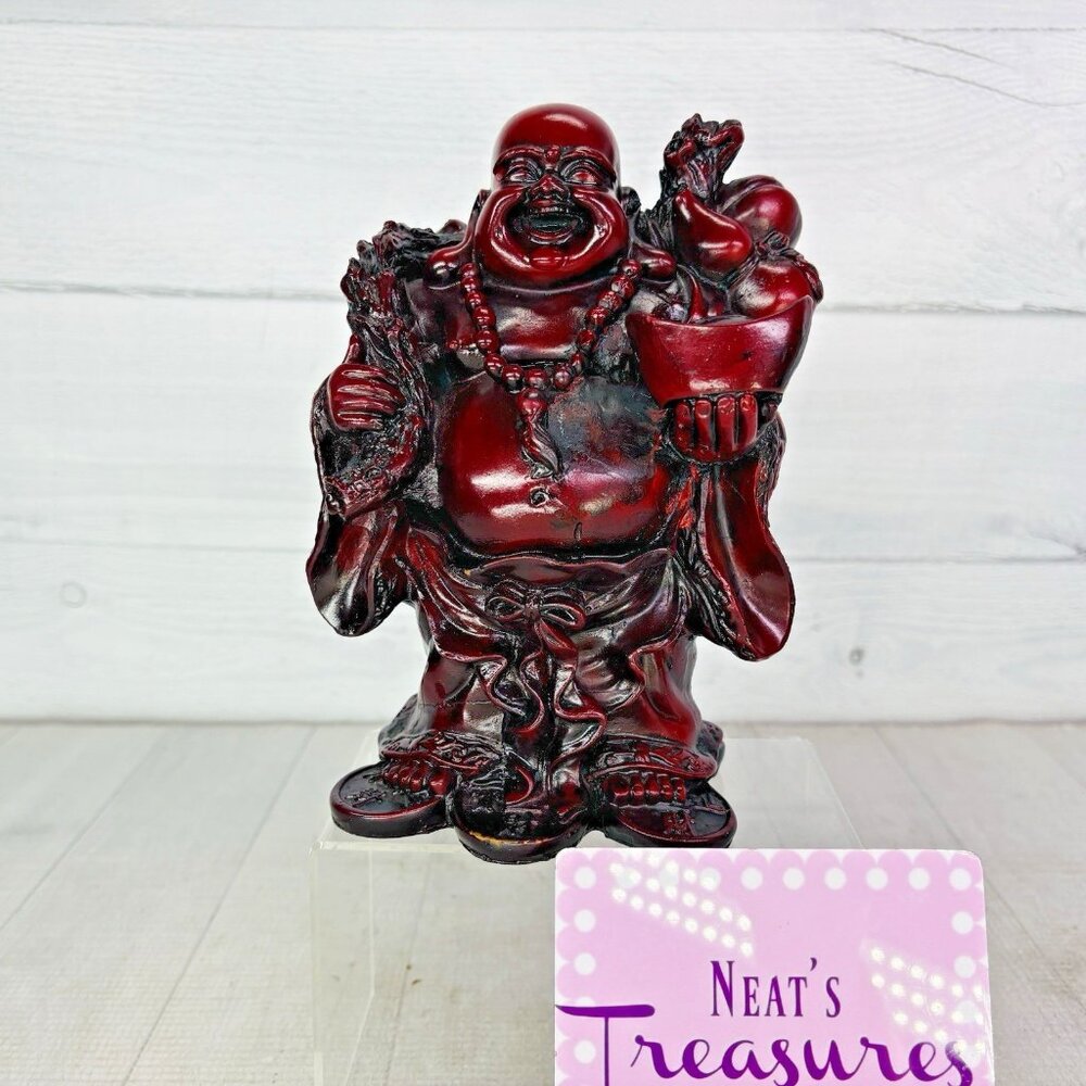 Laughing Buddha Wealth & Prosperity Symbol Glossy Red Black 7.5" Resin Figurine
